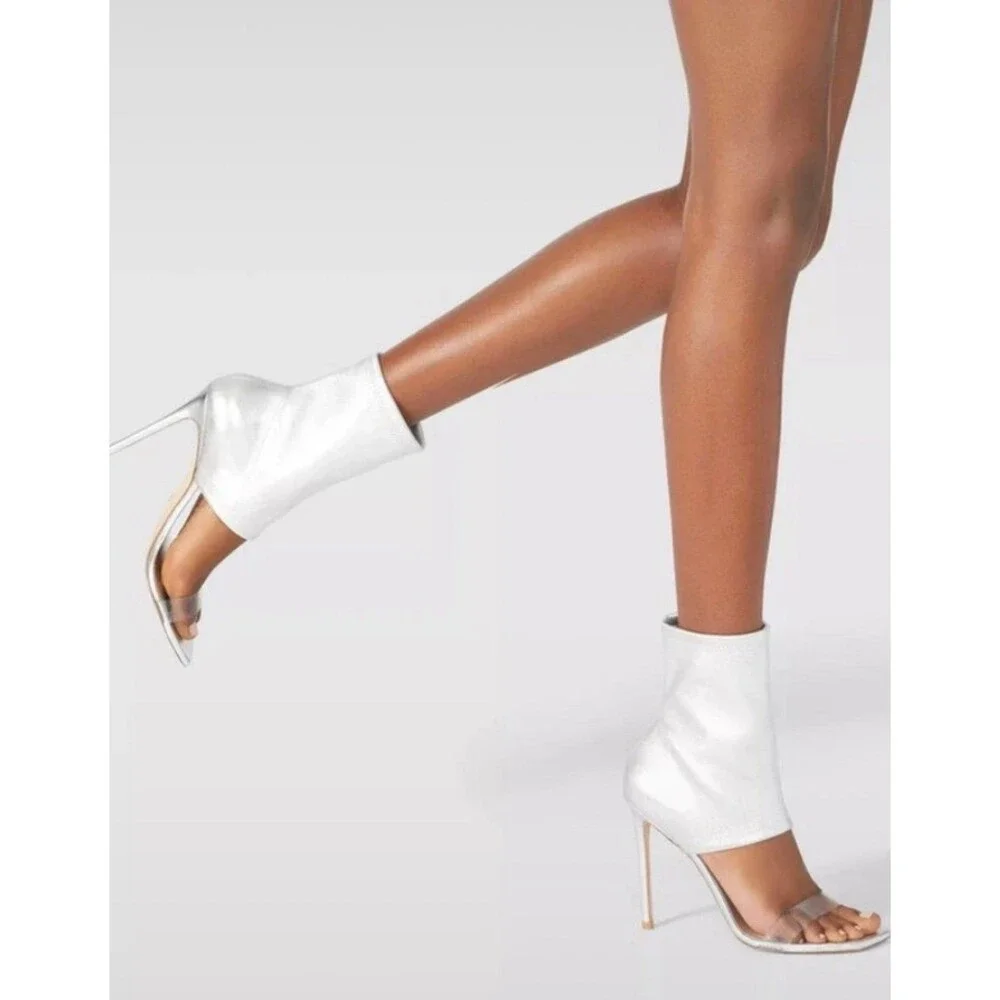 Stuart Weitzman Frontrow Stretch Bootie Sandals Silver Metallic Open Toe Stilett